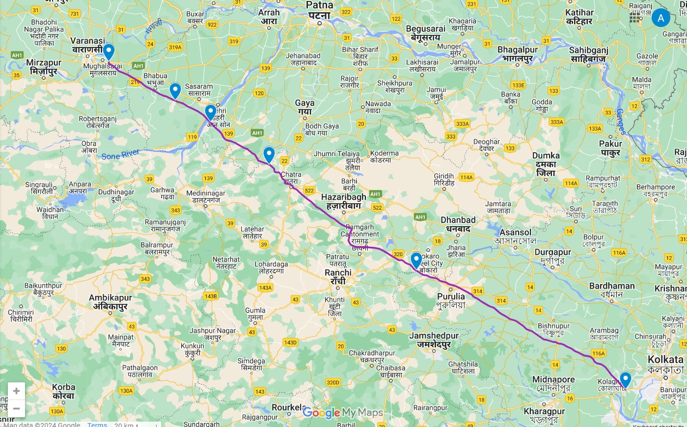 Varanasi Ranchi Kolkata Expressway map